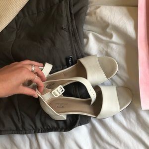 White block heel ankle strap sandal